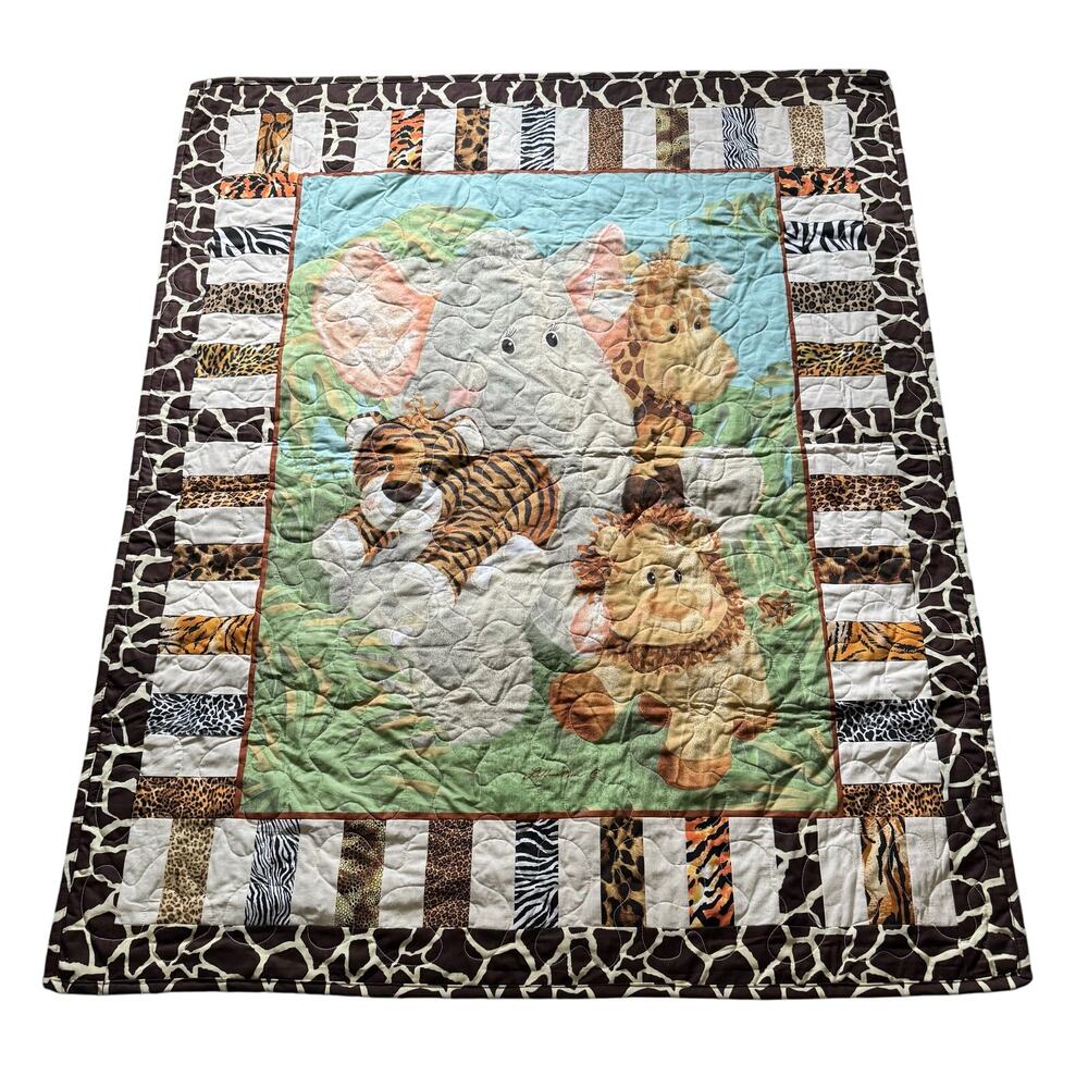 Jungle Babies Quilt Baby Crib Blanket Elephant Lion Tiger Monkey Giraffe Safari